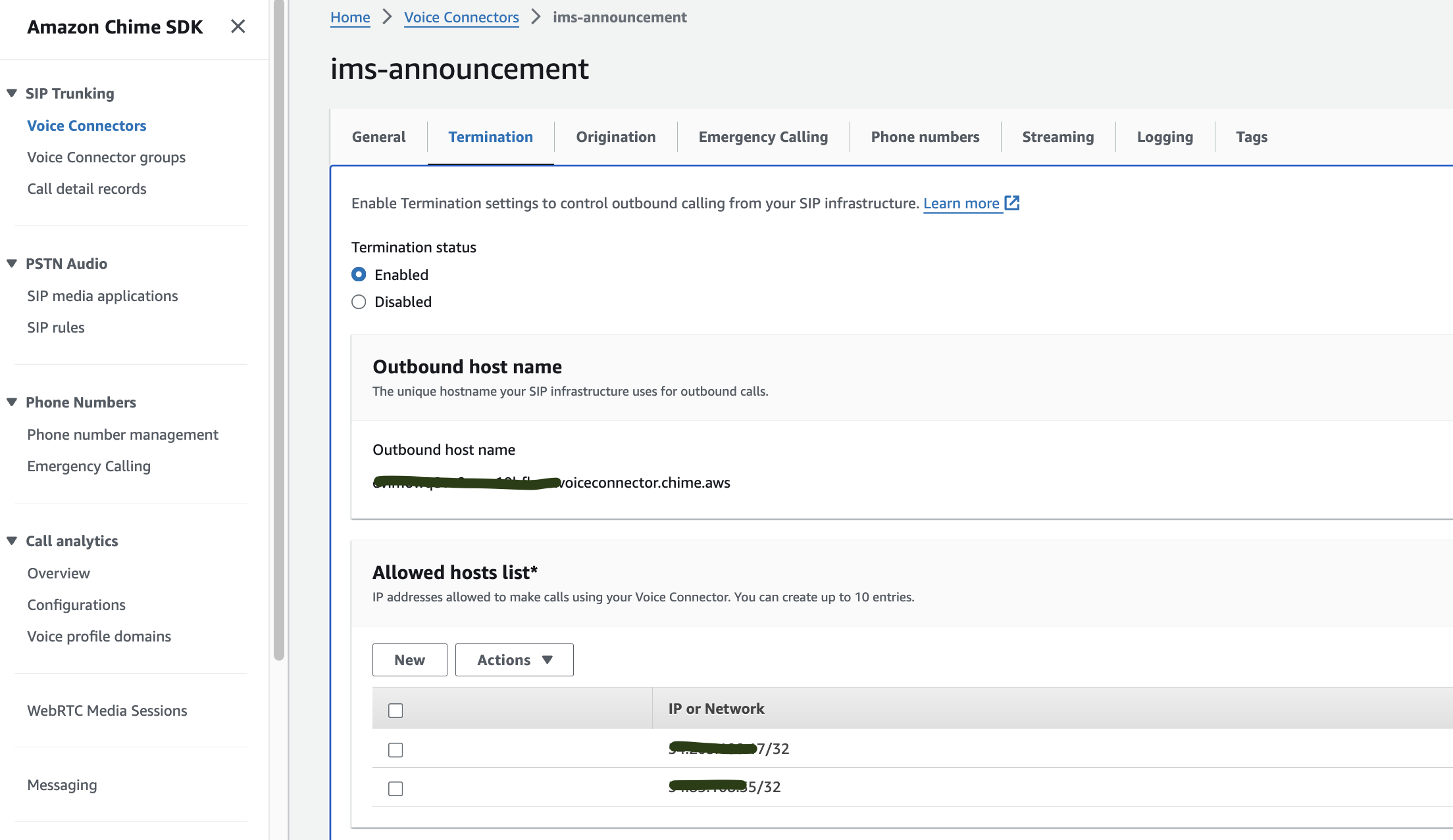 AWS Chime Voice Connector Termination Settings Image