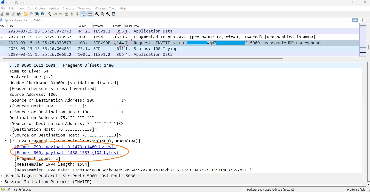 SIP INVITE UDP Fragmented Image